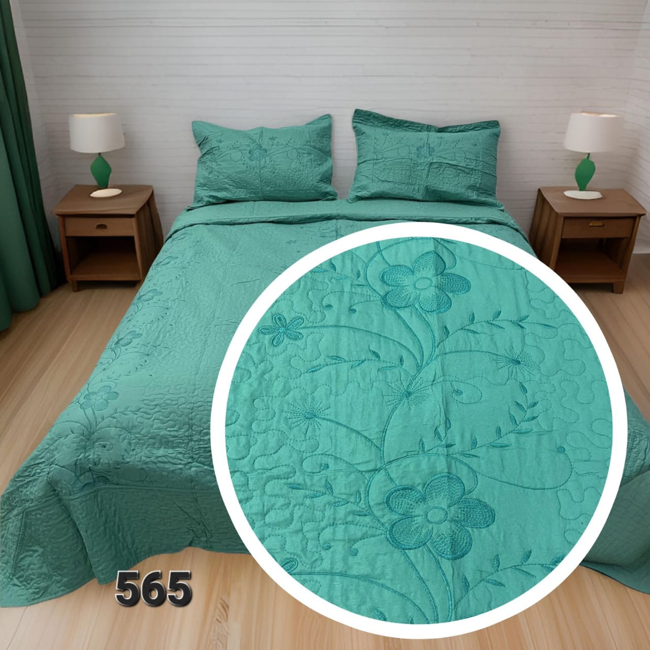 CUBRECAMA QUILT DE VERANO BORDADO 1.5 PLAZAS - TURQUESA FLORES 565 - 1