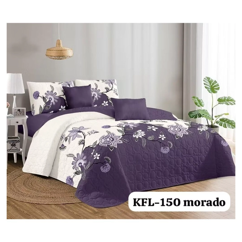 CUBRECAMA QUILT VERANO 1.5 PLAZAS - CREMA MORADO FLORES KFL150 - 2
