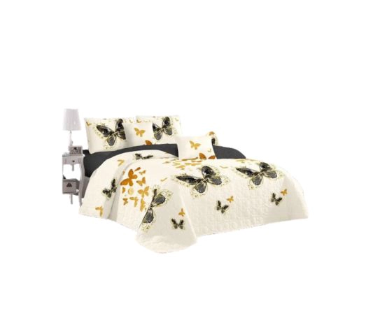 CUBRECAMA QUILT VERANO 2 PLAZAS CREMA MARIPOSAS DORADAS KFL121 - 1