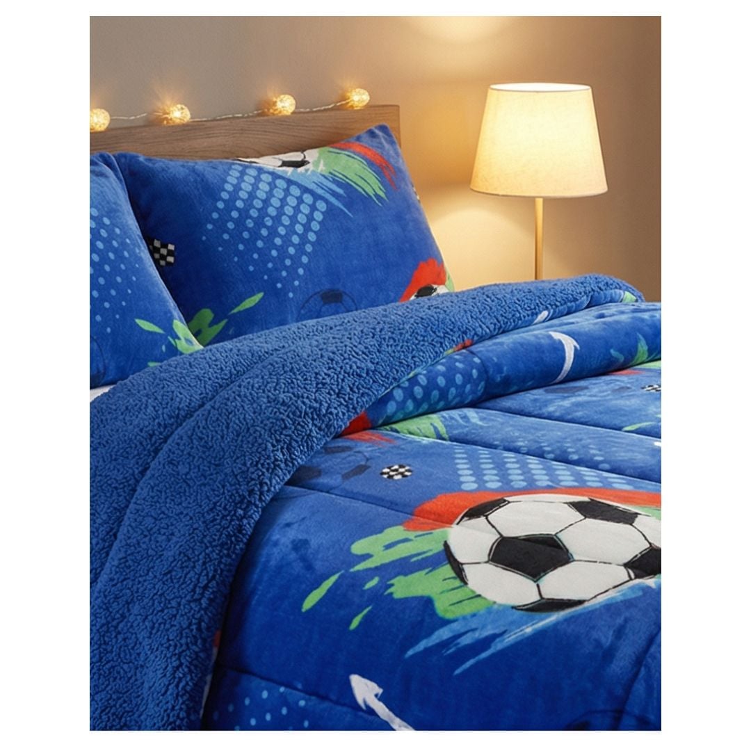 COBERTOR CHIPORRO INVIERNO 1.5 PLAZAS - AZUL BALONES DE FUTBOL M46 - 2