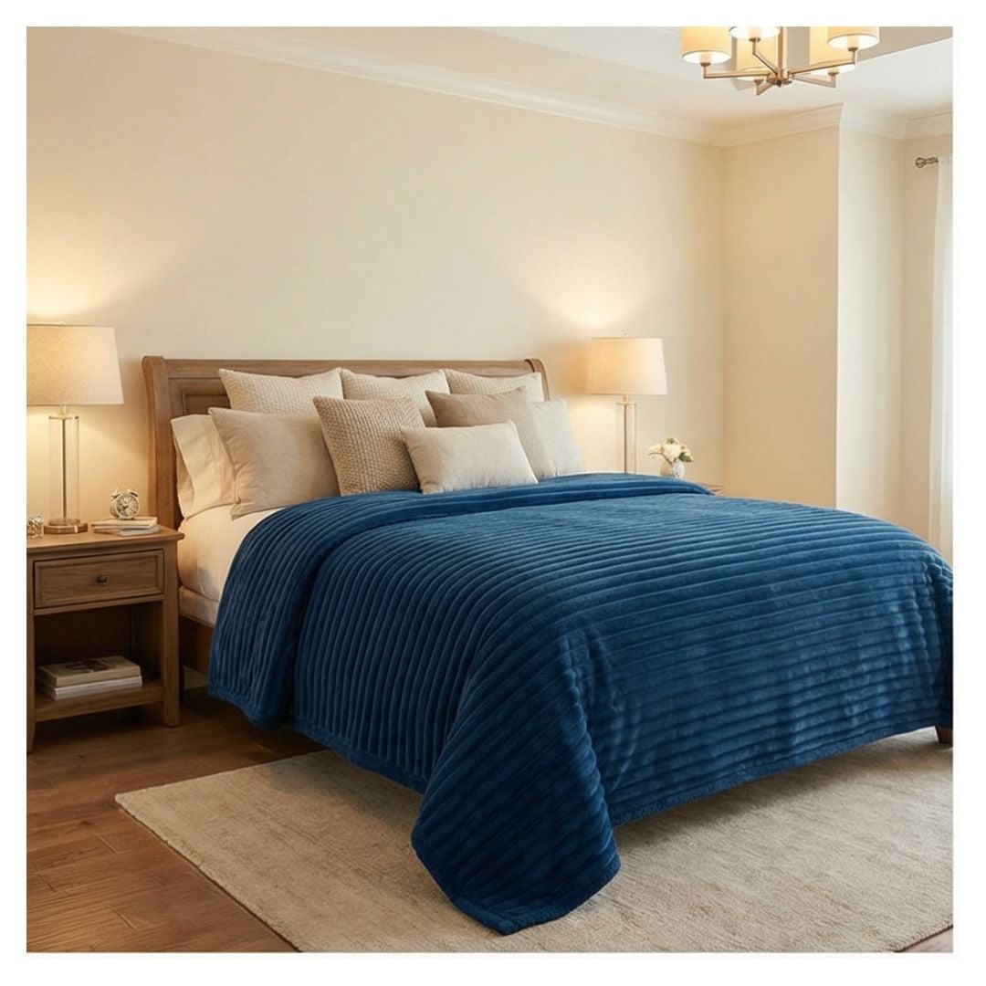 FRAZADA SHERPA RAYAS 2 PLAZAS 200X230 - AZUL MARINO - 1