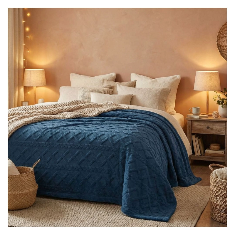 FRAZADA SHERPA TEXTURIZADA 2 PLAZAS 200X230 CM - AZUL MARINO - 1