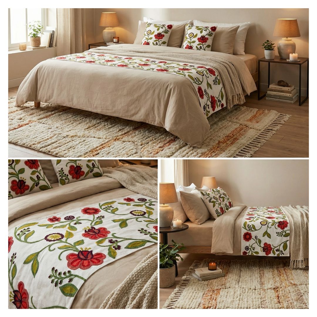 SET DE PIECERA BORDADA FLORAL 2 PLAZAS/KING - BOTANICA ESCARLATA - 5