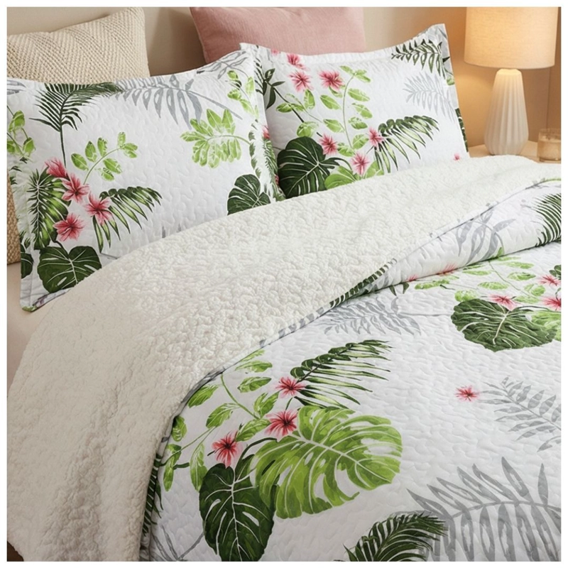 CUBRECAMA SHERPA 1.5 PLAZAS - BLANCO HOJAS VERDES M906_. - 1