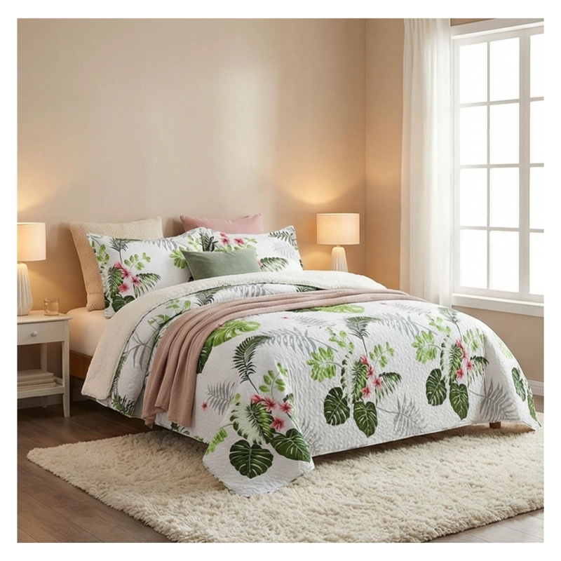 CUBRECAMA SHERPA 1.5 PLAZAS - BLANCO HOJAS VERDES M906_. - 2