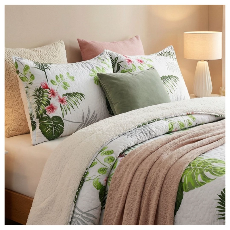 CUBRECAMA SHERPA 1.5 PLAZAS - BLANCO HOJAS VERDES M906_. - 3