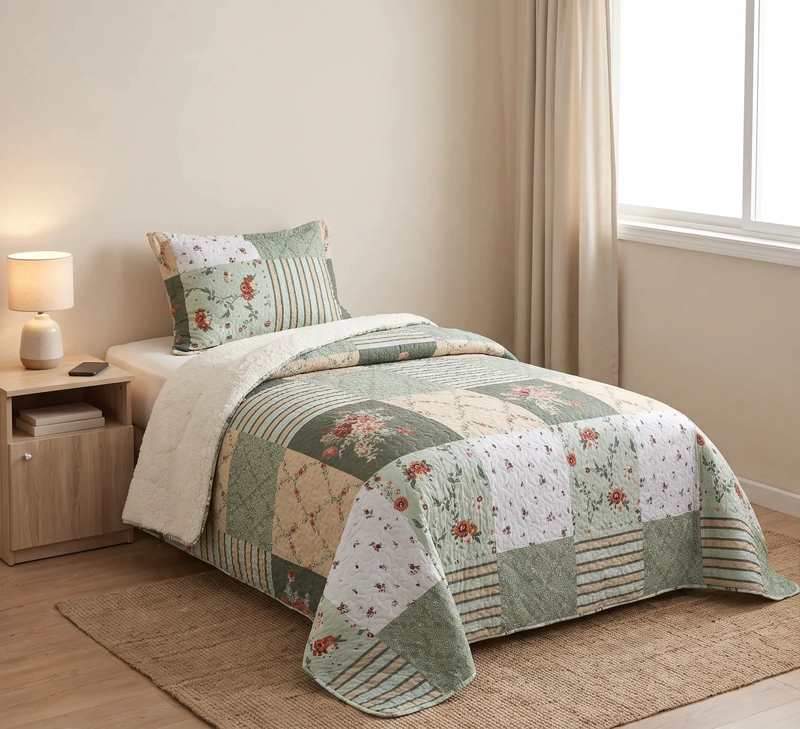 CUBRECAMA SHERPA 1.5 PLAZAS - PATCHWORK CHIANG MAI VERDE M972 - 1