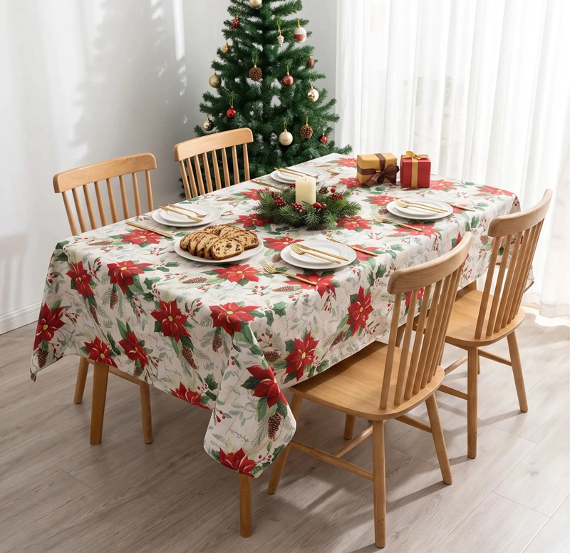 MANTEL NAVIDEÑO RECTANGULAR 140 X 220 CM - BLANCO FLOR DE PASCUA - 1