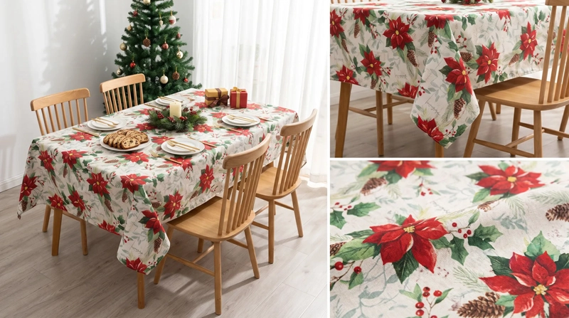 MANTEL NAVIDEÑO RECTANGULAR 140 X 220 CM - BLANCO FLOR DE PASCUA - 4
