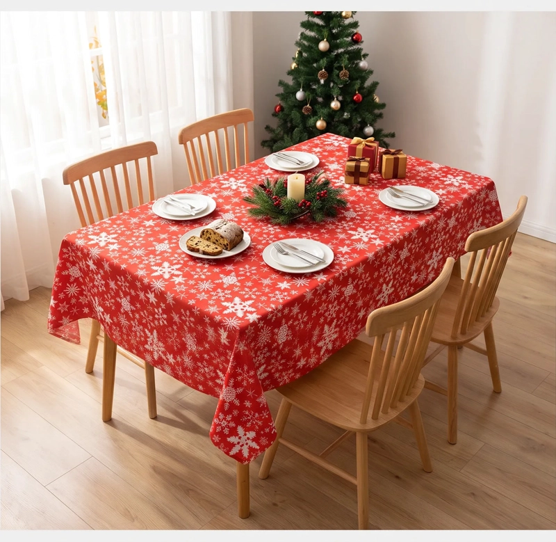 MANTEL NAVIDEÑO RECTANGULAR 140 X 220 CM - ROJO COPOS DE NIEVE - 1