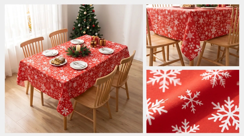 MANTEL NAVIDEÑO RECTANGULAR 140 X 220 CM - ROJO COPOS DE NIEVE - 4