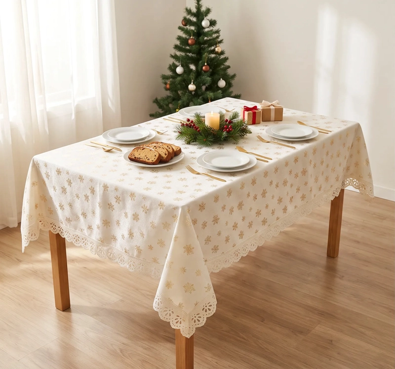 MANTEL NAVIDEÑO RECTANGULAR 140 X 220 CM - MARFIL COPOS DORADOS - 1