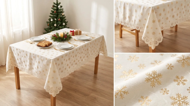 MANTEL NAVIDEÑO RECTANGULAR 140 X 220 CM - MARFIL COPOS DORADOS - 4