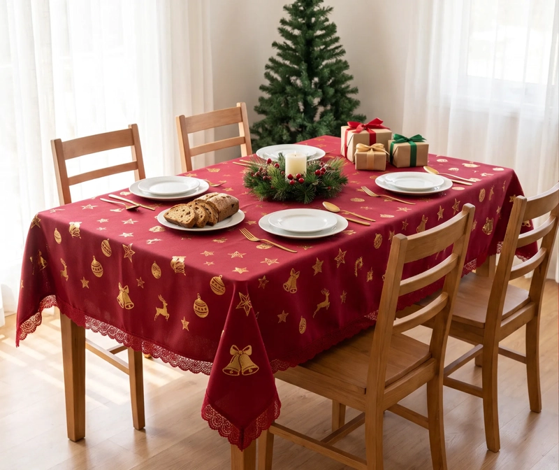 MANTEL NAVIDEÑO RECTANGULAR 140 X 220 CM - ROJO CAMPANAS DORADAS - 1