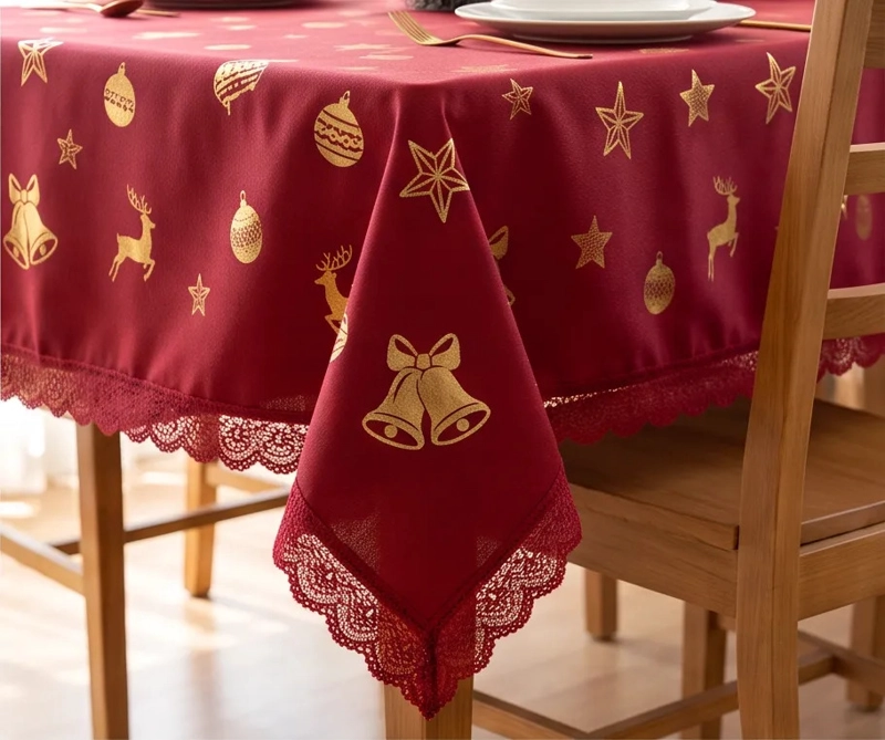 MANTEL NAVIDEÑO RECTANGULAR 140 X 220 CM - ROJO CAMPANAS DORADAS - 2