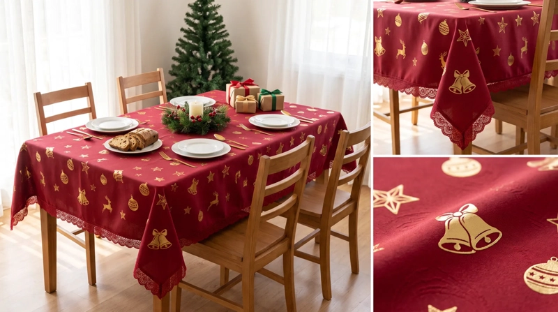 MANTEL NAVIDEÑO RECTANGULAR 140 X 220 CM - ROJO CAMPANAS DORADAS - 4