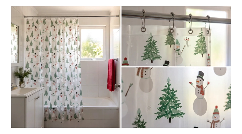 CORTINA DE BAÑO NAVIDEÑA 180 X 180 CM - PINOS Y MONOS DE NIEVE - 4