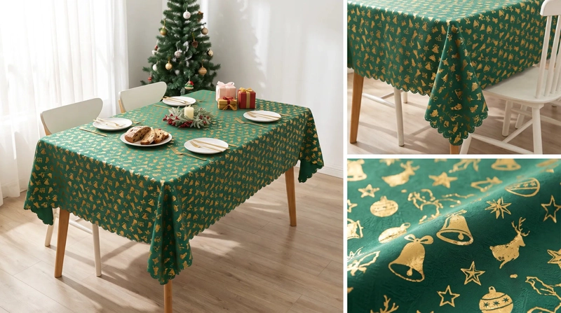 MANTEL NAVIDEÑO RECTANGULAR 140 X 220 CM - VERDE RENOS DORADOS - 4