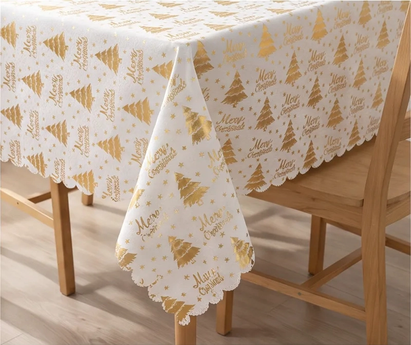 MANTEL NAVIDEÑO RECTANGULAR 140 X 220 CM - BLANCO PINOS DORADOS - 2