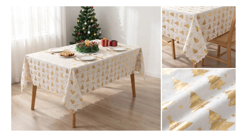 MANTEL NAVIDEÑO RECTANGULAR 140 X 220 CM - BLANCO PINOS DORADOS - 4