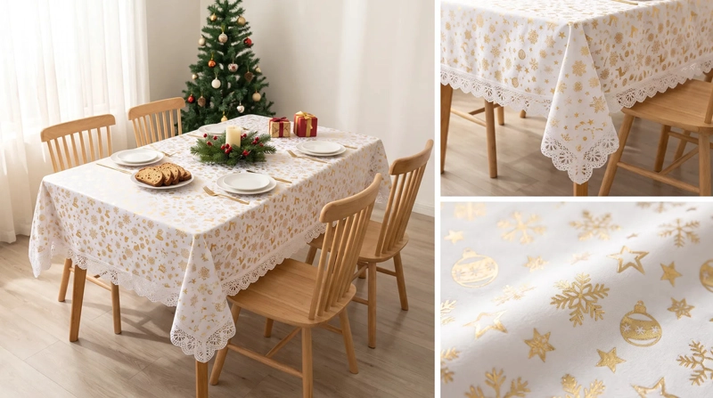 MANTEL NAVIDEÑO RECTANGULAR 140 X 220 CM - BLANCO ESFERAS DORADAS - 4