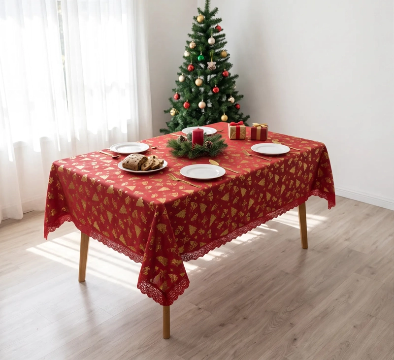 MANTEL NAVIDEÑO RECTANGULAR 140 X 220 CM - ROJO PINOS DORADOS - 1