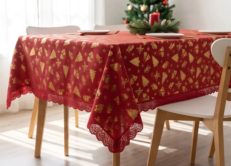 MANTEL NAVIDEÑO RECTANGULAR 140 X 220 CM - ROJO PINOS DORADOS - 2