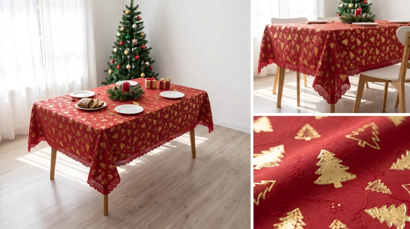 MANTEL NAVIDEÑO RECTANGULAR 140 X 220 CM - ROJO PINOS DORADOS - 4