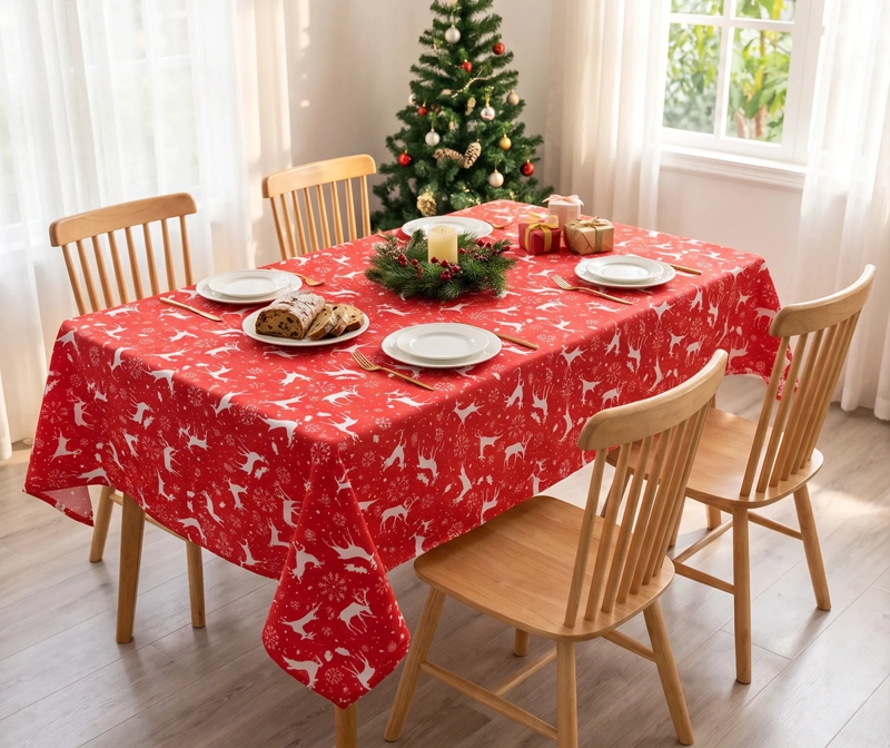 MANTEL NAVIDEÑO RECTANGULAR 140 X 220 CM - ROJO RENOS BLANCOS - 1