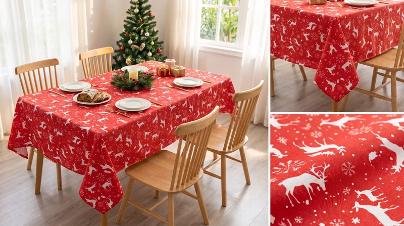 MANTEL NAVIDEÑO RECTANGULAR 140 X 220 CM - ROJO RENOS BLANCOS - 4