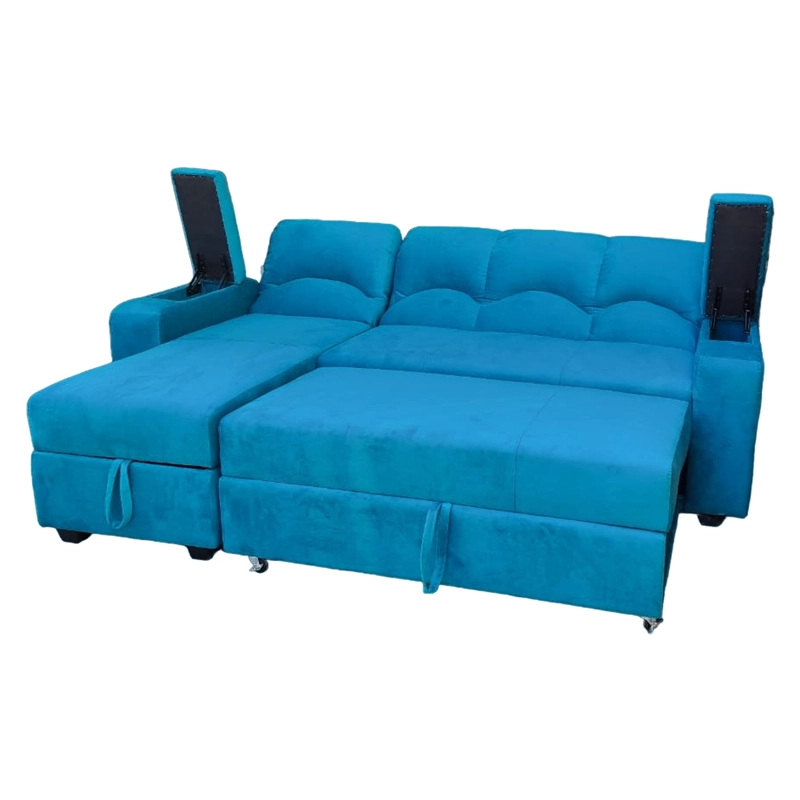 SECCIONAL MUEBLERÍA LATINA DECO 5 CUERPOS FELPA TURQUESA BAUL FUNCIONAL 2 PZ IZQUIERDO - 2