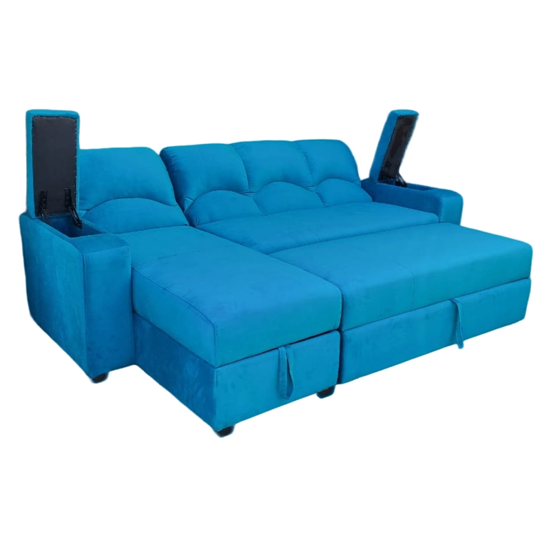 SECCIONAL MUEBLERÍA LATINA DECO 5 CUERPOS FELPA TURQUESA BAUL FUNCIONAL 2 PZ IZQUIERDO - 5