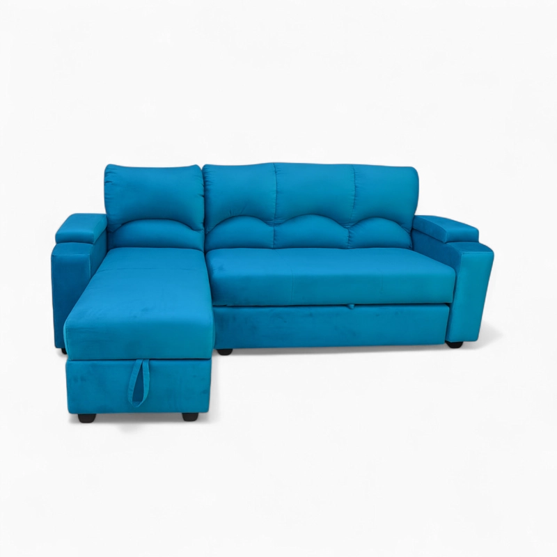 SECCIONAL MUEBLERÍA LATINA DECO 5 CUERPOS FELPA TURQUESA BAUL FUNCIONAL 2 PZ IZQUIERDO - 6