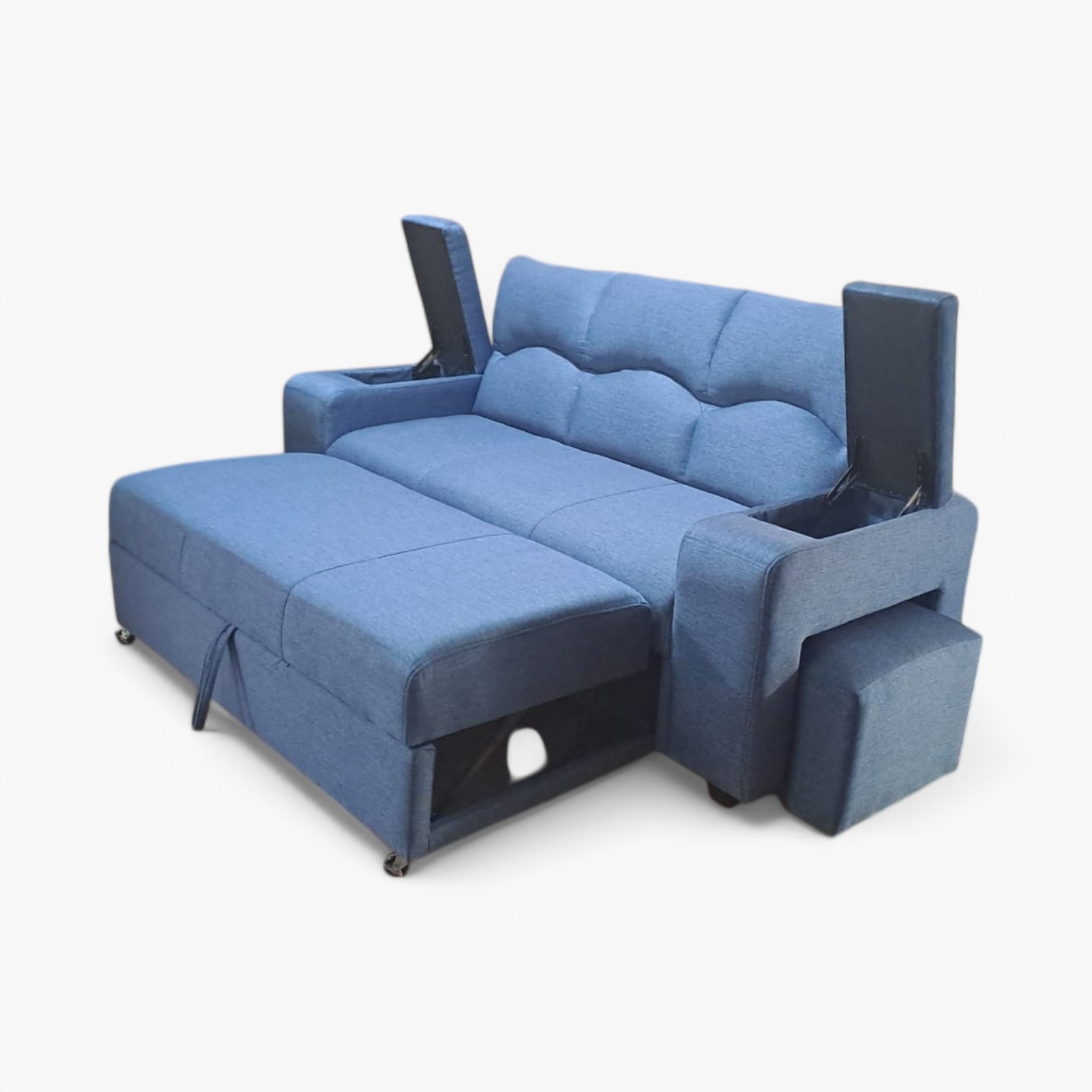 SOFA CAMA FUNCIONAL 2PZ DECO POUF LINO AZUL INDIGO IMPERMEABLE - 3