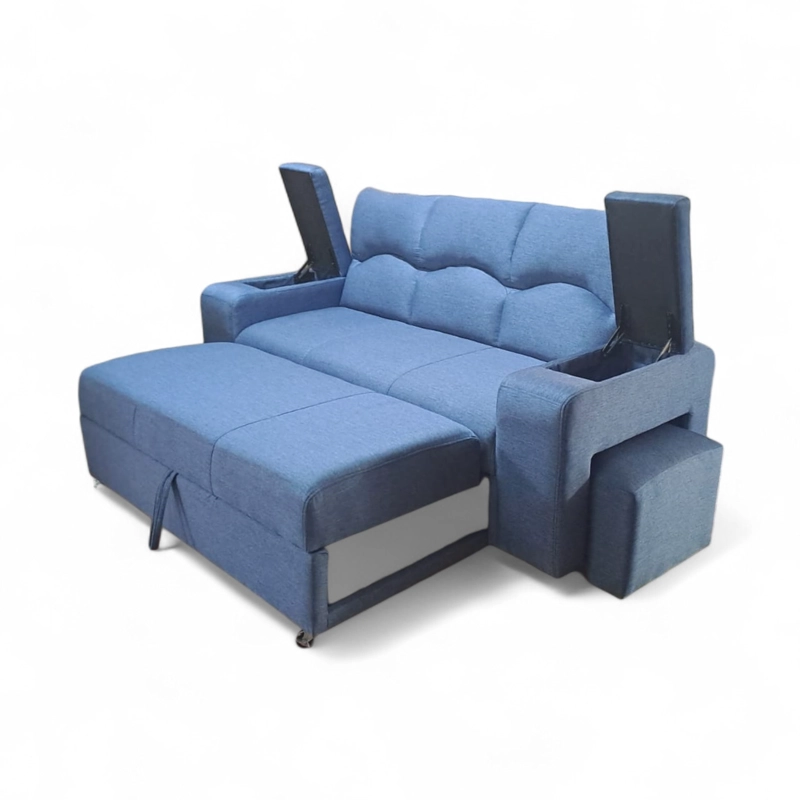 SOFA CAMA FUNCIONAL 2PZ DECO POUF LINO AZUL - 3