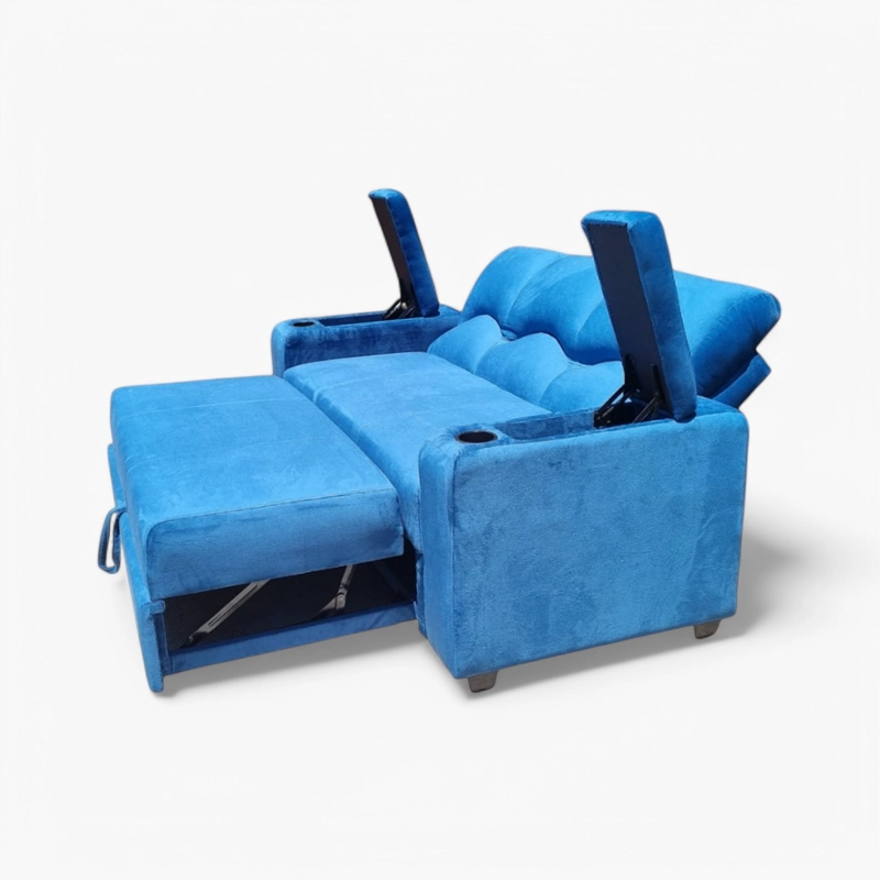 SOFA CAMA FUNCIONAL 2 PZ DECO FELPA AZUL PETROLEO CON POSAVASO - 3