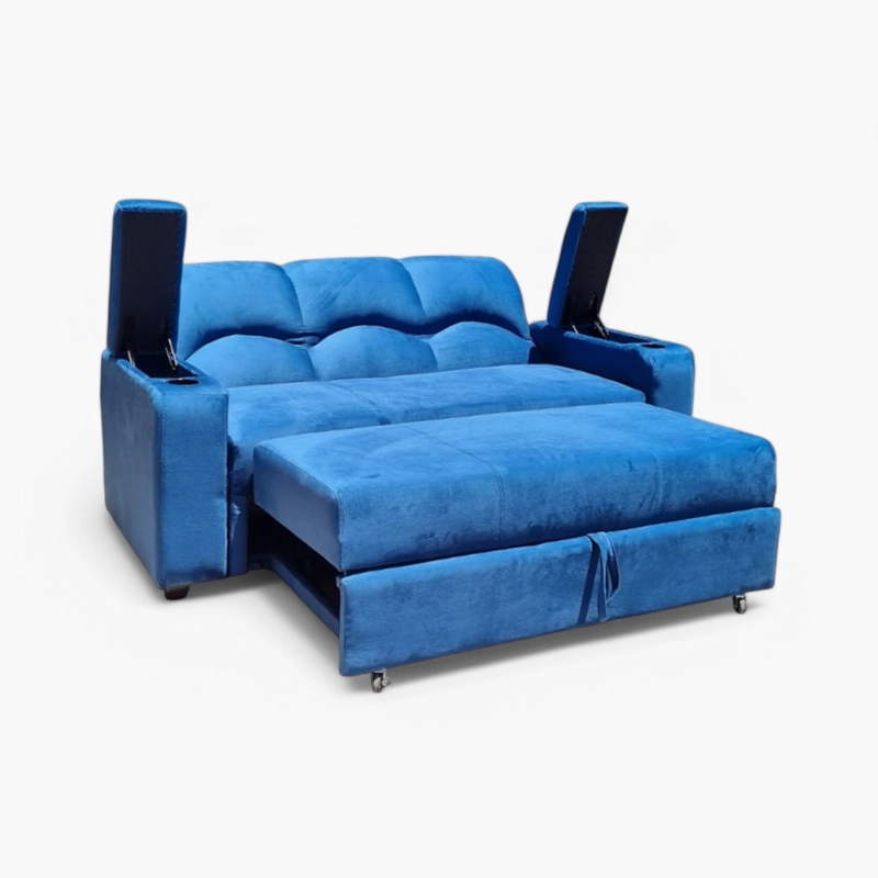 SOFA CAMA FUNCIONAL 2 PZ DECO FELPA AZUL PETROLEO CON POSAVASO - 4