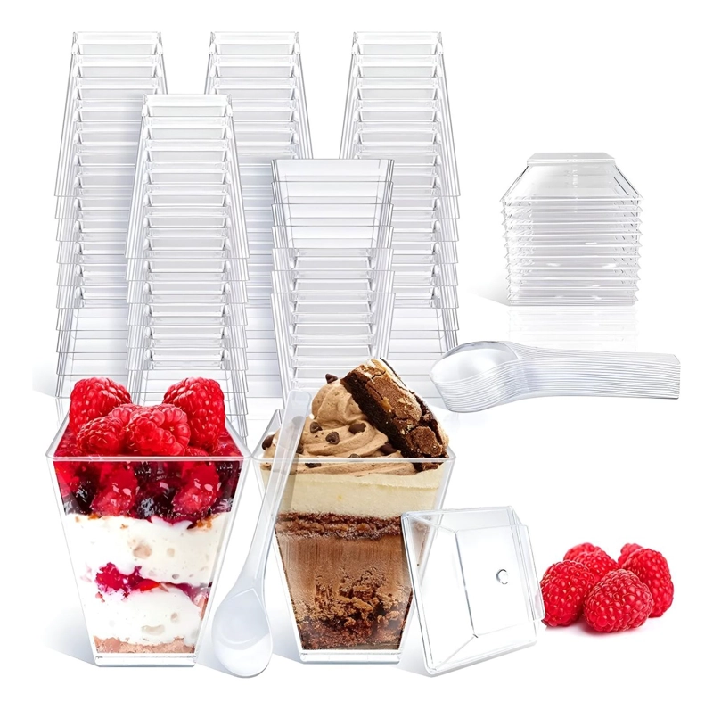 50 SET DE VASOS SHOT POSTRES CON TAPA 50 CUCHARAS ACRILICO TRANSPARENTE 046 - 1