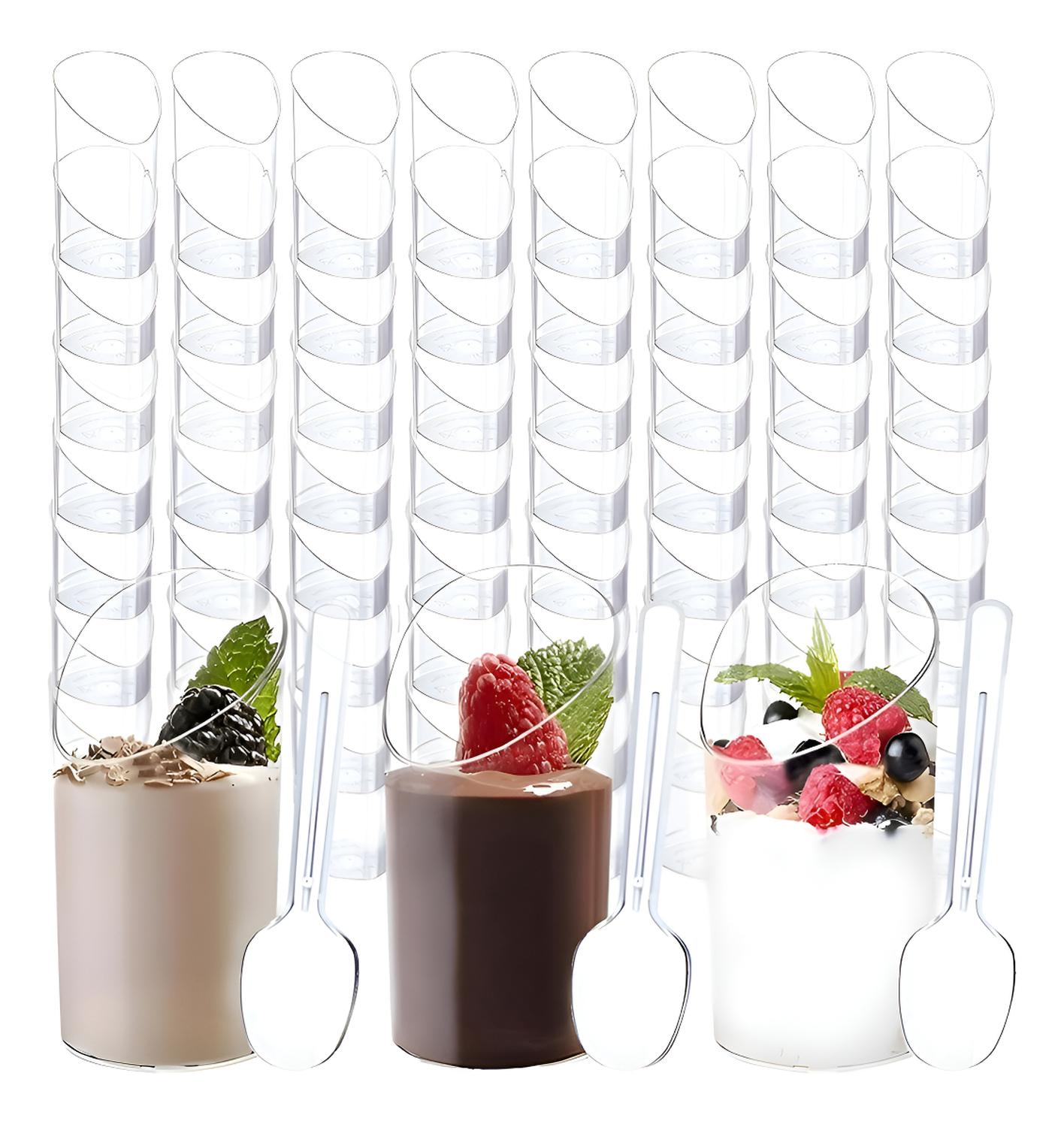 SET 100 VASOS POSTRES 60ML + 250 CUCHARAS POSTRES DESECHABLE COLOR TRASNPARENTE / VASOS ANGULO Y CUC - 1