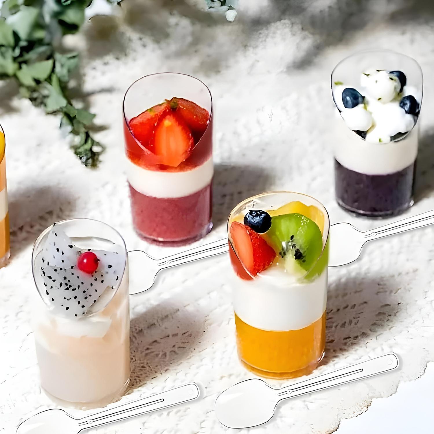 SET 100 VASOS POSTRES 60ML + 250 CUCHARAS POSTRES DESECHABLE COLOR TRASNPARENTE / VASOS ANGULO Y CUC - 2