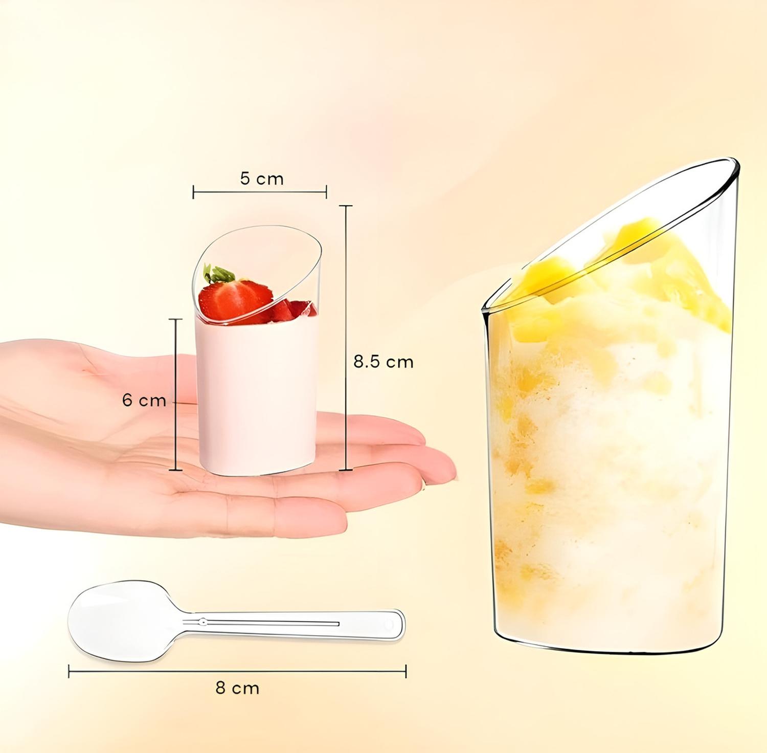 SET 100 VASOS POSTRES 60ML + 250 CUCHARAS POSTRES DESECHABLE COLOR TRASNPARENTE / VASOS ANGULO Y CUC - 3