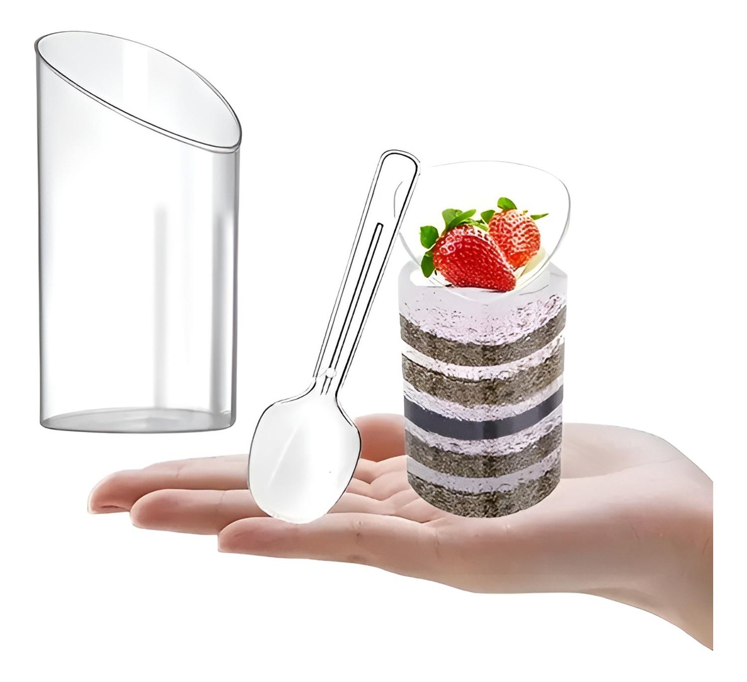 SET 100 VASOS POSTRES 60ML + 250 CUCHARAS POSTRES DESECHABLE COLOR TRASNPARENTE / VASOS ANGULO Y CUC - 5