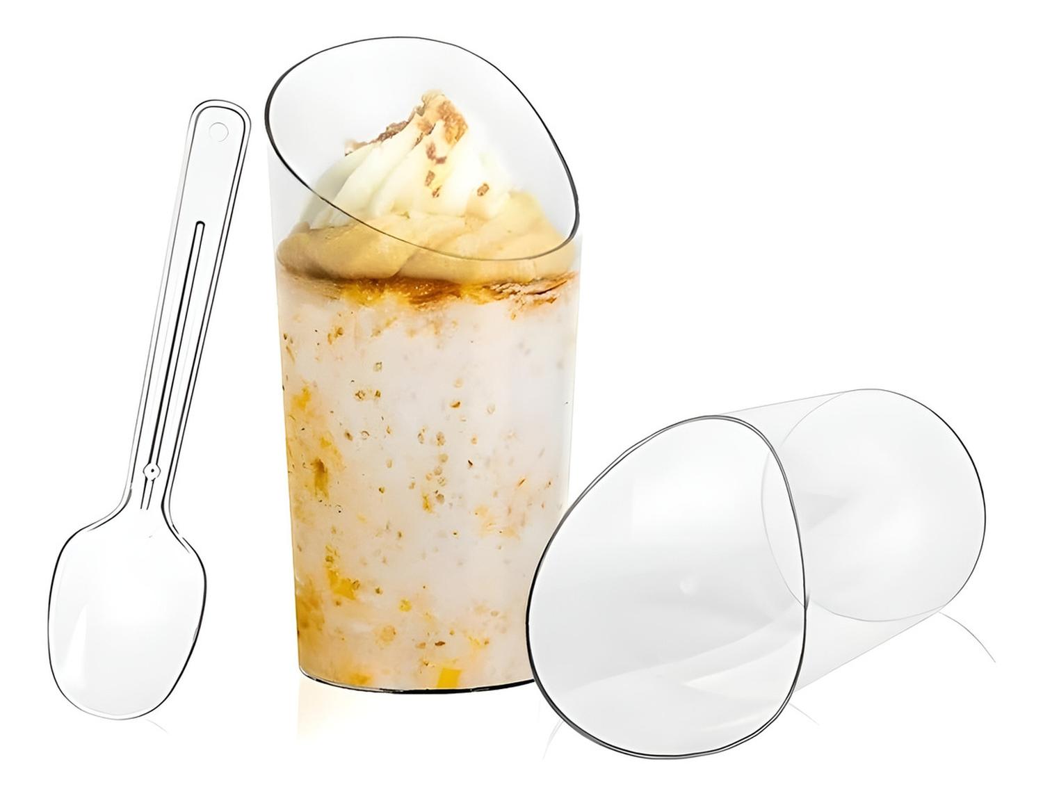 SET 100 VASOS POSTRES 60ML + 250 CUCHARAS POSTRES DESECHABLE COLOR TRASNPARENTE / VASOS ANGULO Y CUC - 8