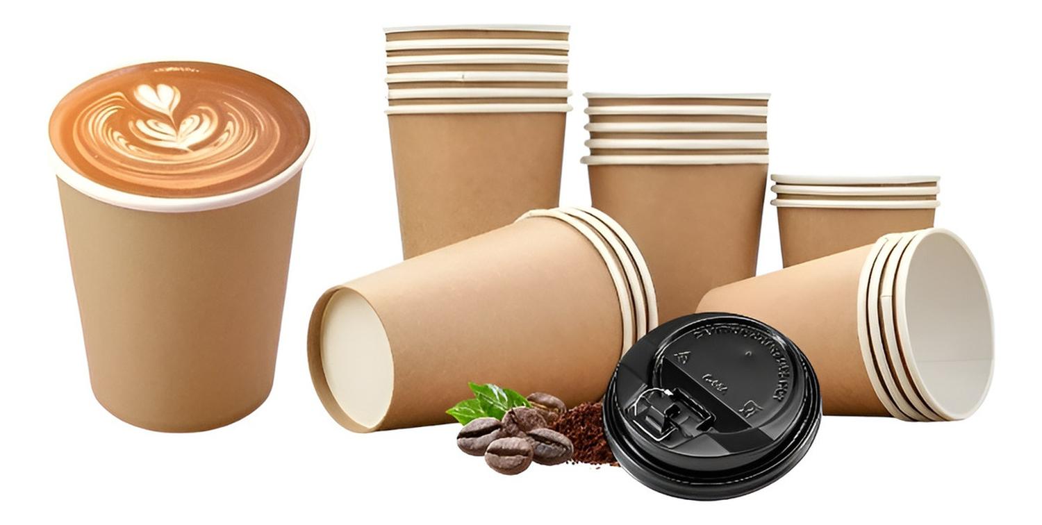 X200 VASOS PARA CAFE VASO LISO POLIPAPEL KRAFT C/TAPA 8OZ MARRON CLARO / VASO KRAFT LISO 8OZ - 1