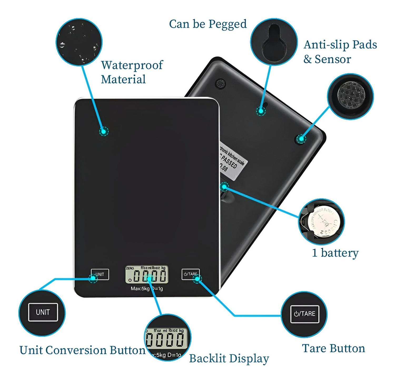 GRAMERA DIGITAL PESA GRAMERA COCINA PESA ALIMENTOS 5KG/0.01G NEGRO 5 KG - 6