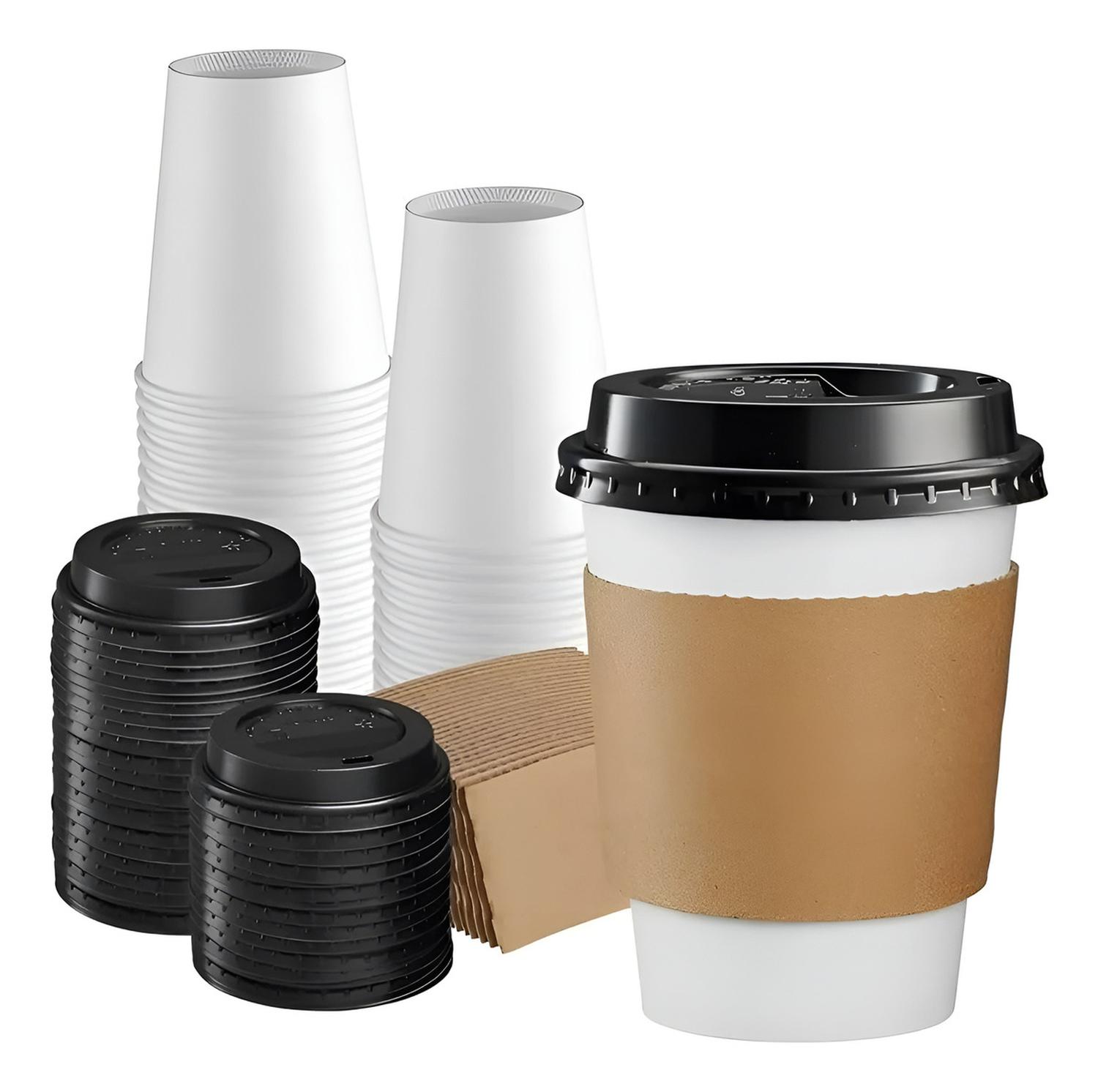 100 VASOS POLIPAPEL VASOS PARA CAFE C/TAPA+MANGA 296ML/ 10OZ BLANCO / VASO 10OZ - 1