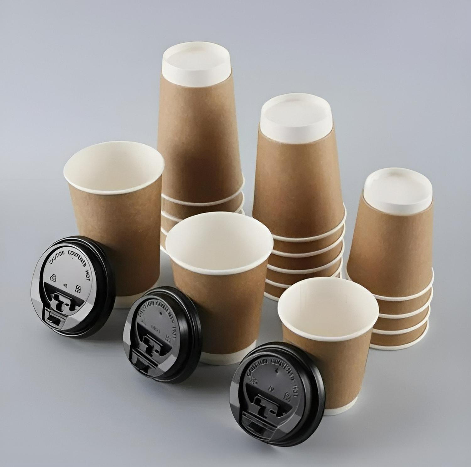 SET 100 VASOS DESECHABLES KRAFT VASO DOBLE PARED C/TAPA 12OZ MARRON CLARO / VASO KRAFT DOBLE PARED 1 - 8