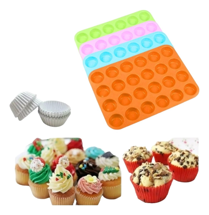 100 CAPSULAS PARA HORNEAR 6CM + MOLDE MUFFIN MINI 24 CUPCAKE MULTICOLOR - 1