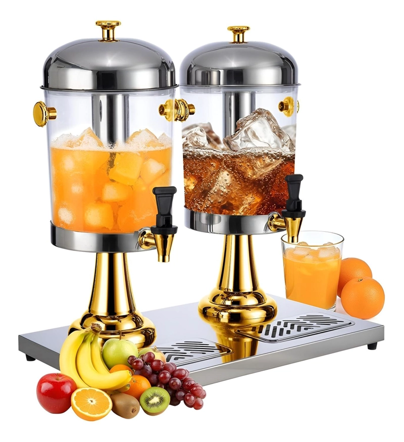 DISPENSADORES DOBLES DE BEBIDAS CON SOPORTE DISPENSADOR 4.5L PLATEADO CON DORADO - 1
