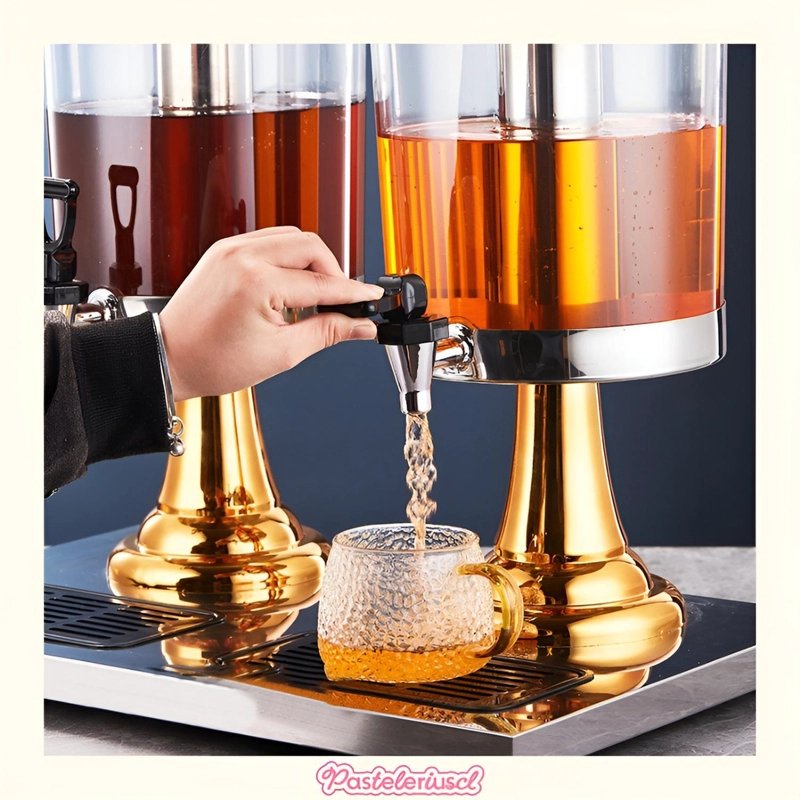DISPENSADORES DOBLES DE BEBIDAS CON SOPORTE DISPENSADOR 4.5L PLATEADO CON DORADO - 4